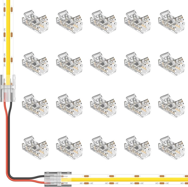 MIWISE 8mm Connectors Kit for 2-Pin COB LED Strip,20Pcs Strip-to-Wire Connectors,Solderless Extension Connectors for 5V/9V/12V/24V Single Color COB LED Strip Lights,for DIY Lighting Projects - Image 1